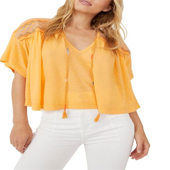 Free People Market Embroidered V-neck Top In Carrot Ginger - S - Picture 2 of 3